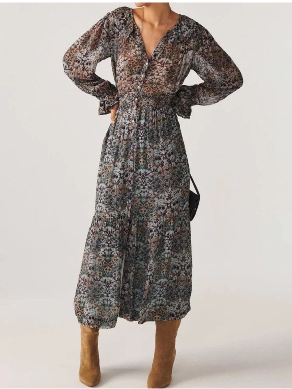 Ba&Sh Floral V-Neck Long Sleeve Midi Dress in Muted Multi size 0